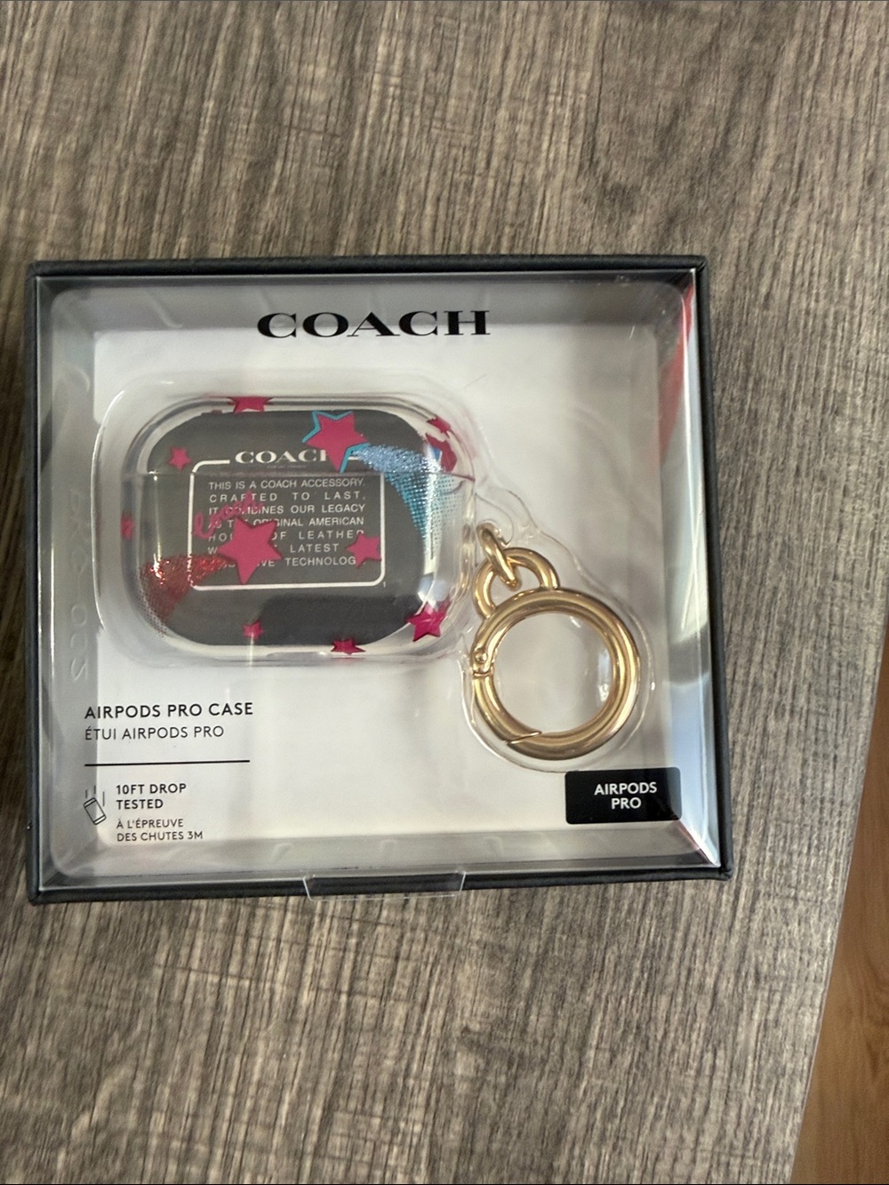 NWT COACH Clear AirPods Pro Case with Pink Stars and Gold Keyring